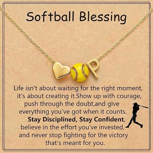 ZOLZO Softball Necklace, Dainty A-Z Pendant Letter Charm Necklace, Softball Gifts, Trendy Jewelry Gifts for Wife, Women, Athlete, Friend (P, Gold)