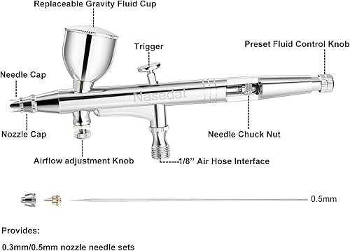 Miniatura 3 de Nasedal Kit de aerógrafo, pistola de aerógrafo de doble acción gravedad de 5 cc, 13 cc, 20 cc, 40 cc, taza de líquido, aguja de 0.3 y 0.020 in,