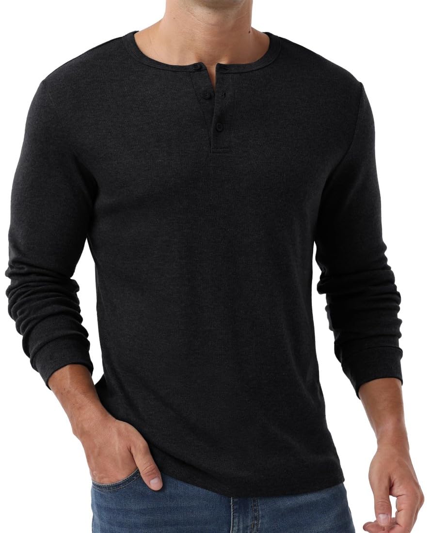 PrinStory Henley T-shirt à manches longues pour homme Coupe ajustée Col en V avec bouton
