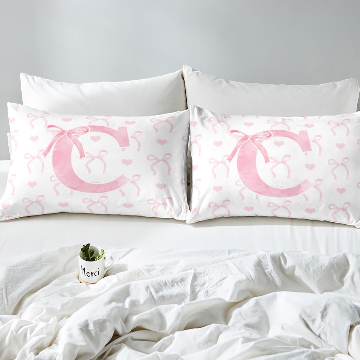 Erosebridal Cartoon Pink Bow Twin Size Comforter Set, Dreamy Princess Girly Bedding Set, Kawaii Monogram C Butterfly Knot Comforter for Kids Girls Women Bedroom, Lovely Love Heart Quilt