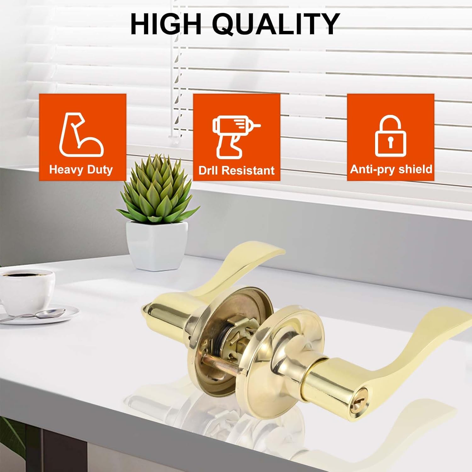 High-Security Stainless Steel Door Handle with Lock and Key, Door Lever for Bedroom, Bathroom and Rooms(Gold)