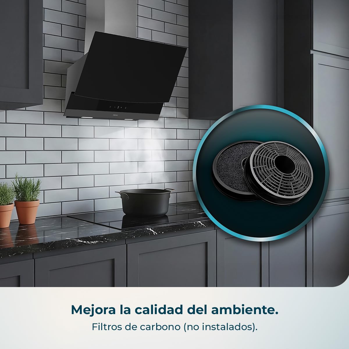 Cecotec Campana Extractora 60cm Decorativa Bolero Flux DT 604400 Matt Black A+++. Succión 416,5m³/h, 3 Velocidades, Bajo Consumo, Motor DC, Control de Movimiento y Táctil, Cristal Mate, Cuerpo Inox