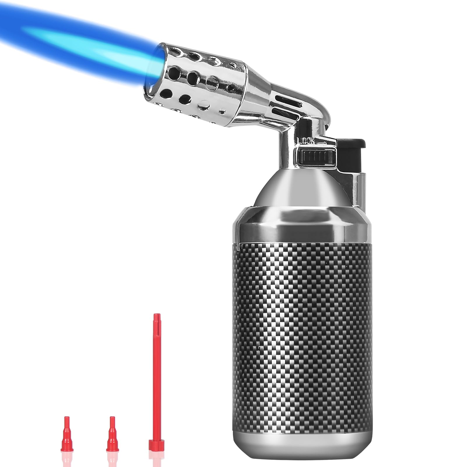 Refillable Butane Torch Lighter, Premium Metal Kitchen Blow Torch With Flame and Safety Lock, Adjustable Flame Soldering Torch for Cooking, Lighter, Creme Brulee and Welding, Silver(Gas Not Included)