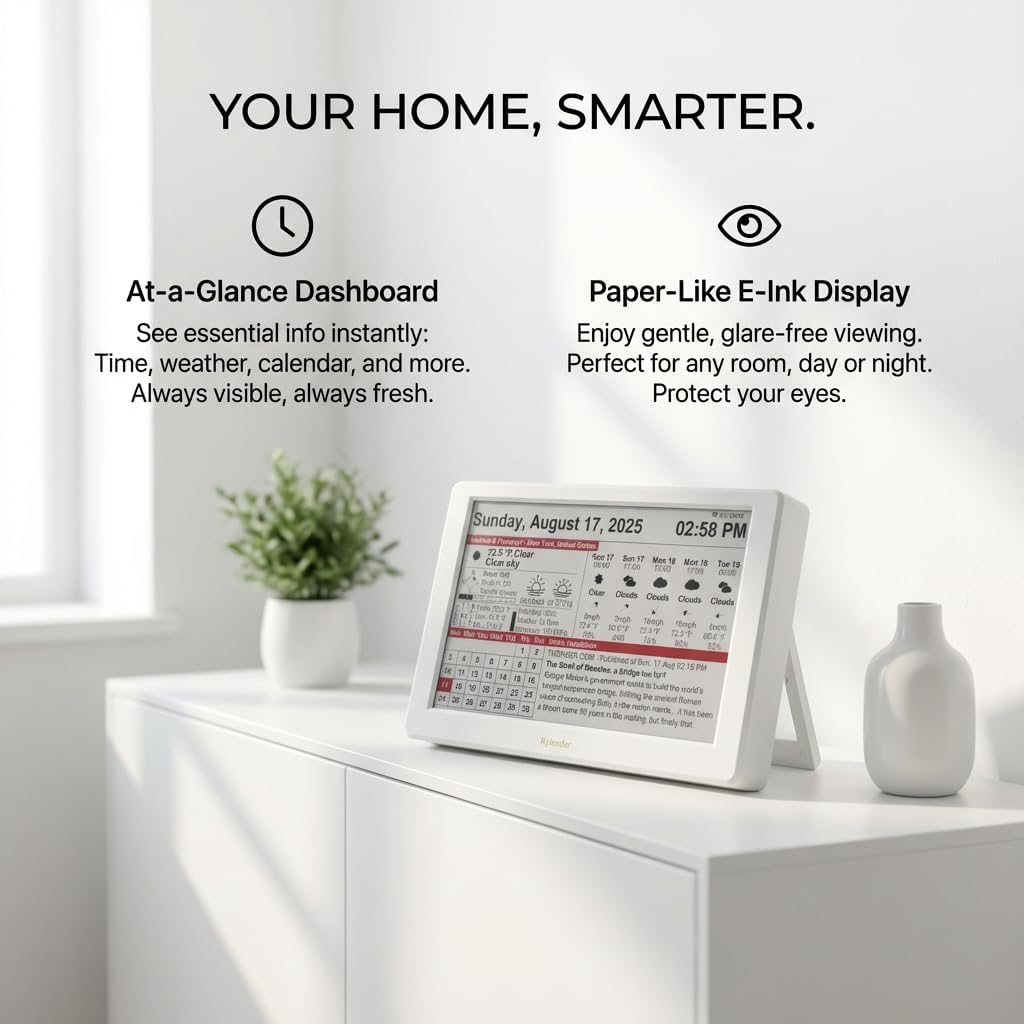 Intelevia 7-Inch Wi-Fi Smart Calendar, E-Paper Digital Desktop Display for Weather, News & World Clock, Minimalist Eye-Caring Electronic Ink Calendar for Students & Office - White