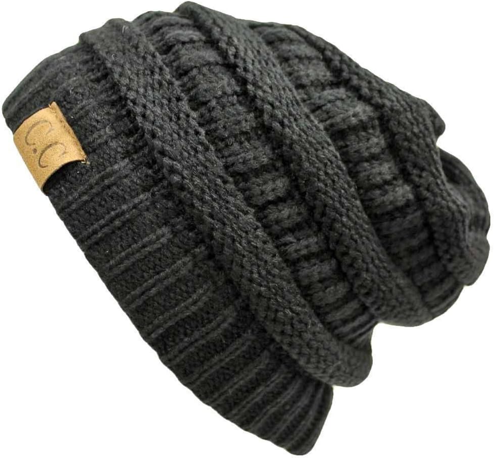 Goodness35 Men's Women's Chucky Stretch Cable Knit Slouch Beanie Skully Ski Hat Dark Gray (Charcoal)