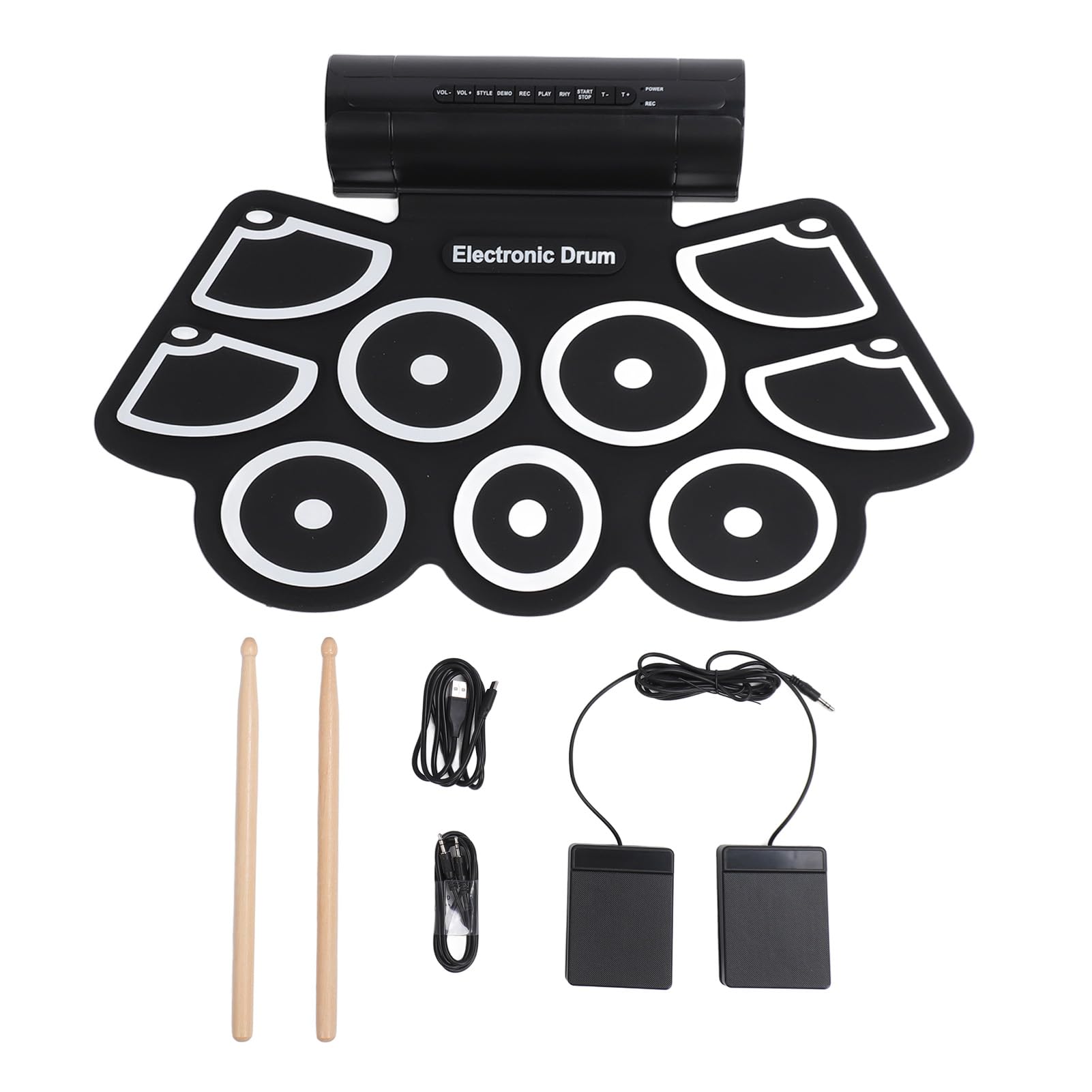 Juego de Batería Electrónica, 9 Almohadillas, Almohadilla de Batería Eléctrica, Almohadilla de Batería Enrollable, Altavoces Estéreo Duales Integrados, Función MIDI Compatible,