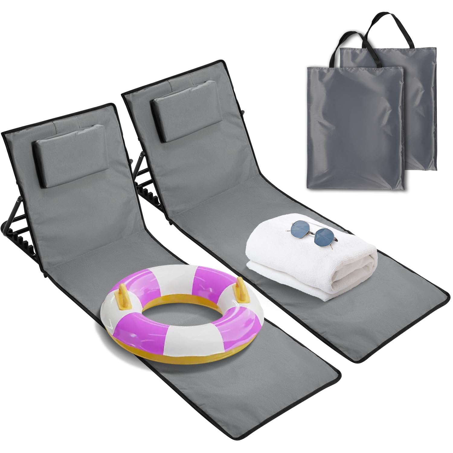 Lot de 2 chaises longues de plage pliables légères avec dossier avec coussin et compartiment de rangement - Tapis de soleil pliable pour la plage - Avec sac de transport - Chaise de plage