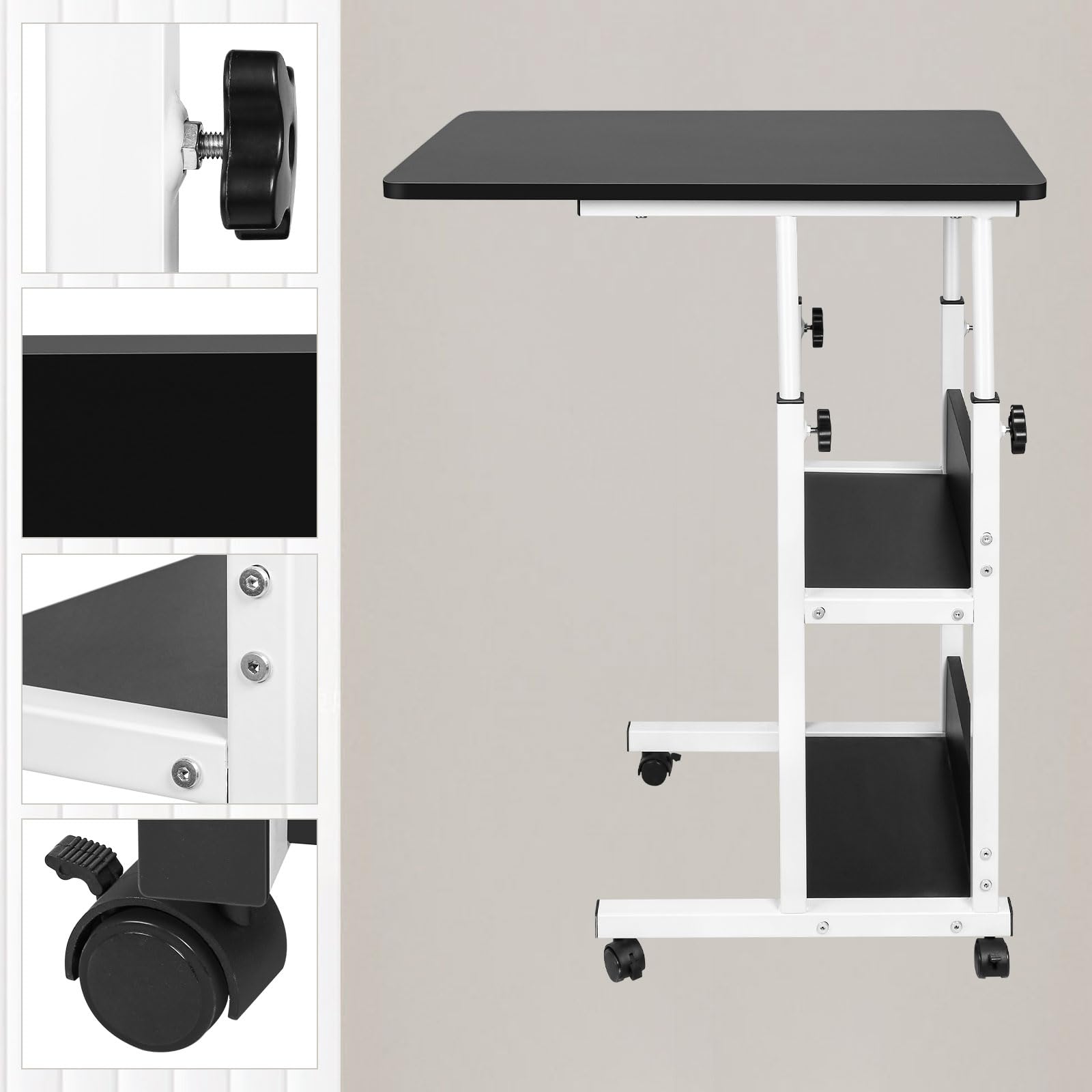Table d'appoint légère, de lit médicalisé,Bureau Informatique, Bureau Gaming, Roulante Canapé pour Ordinateur Portable Hauteur Pliante avec 4 roulettes-60 * 40 * 76-86.5 cm-Noir