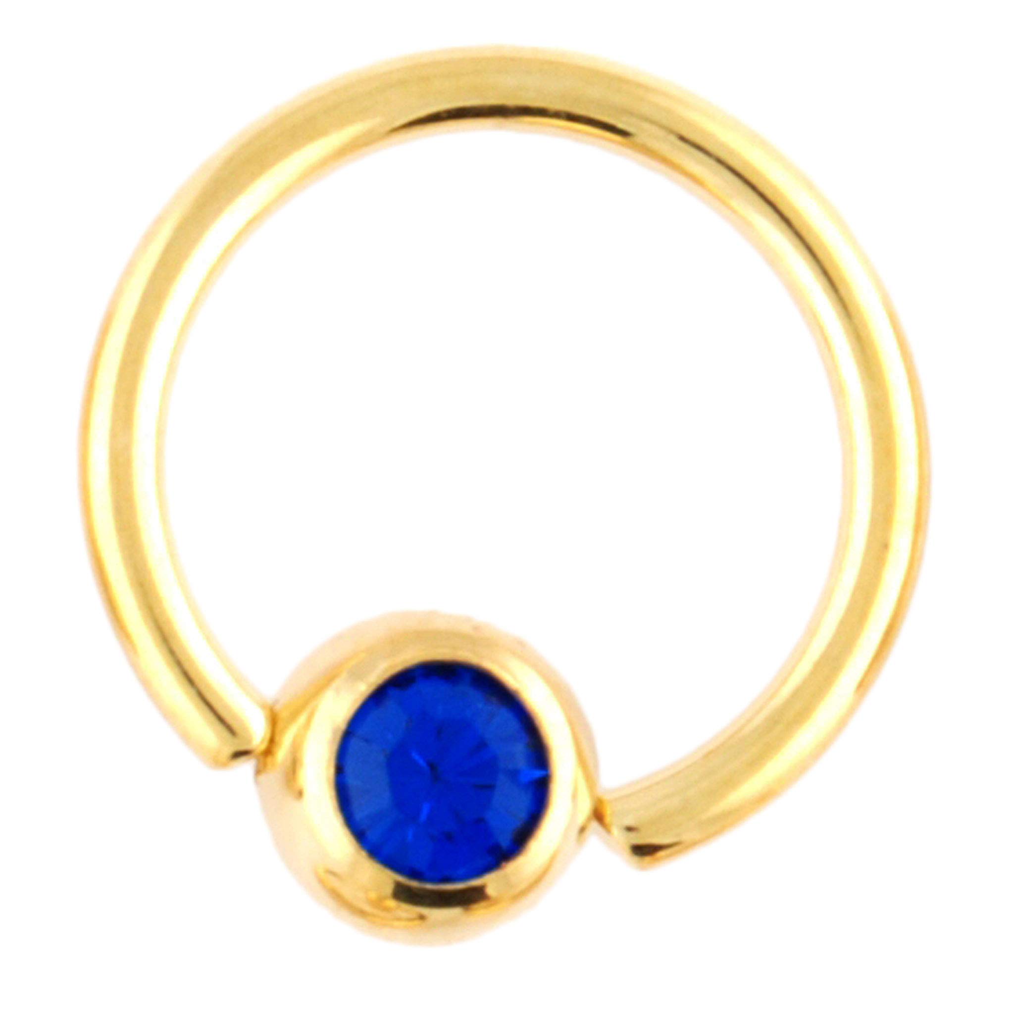 One PVD Stainless Steel Captive Bead Ring: 14g 5/16" Gold, Gem Bead: 4mm, Blue Gem (SOLD INDIVIDUALLY. ORDER TWO FOR A PAIR.)