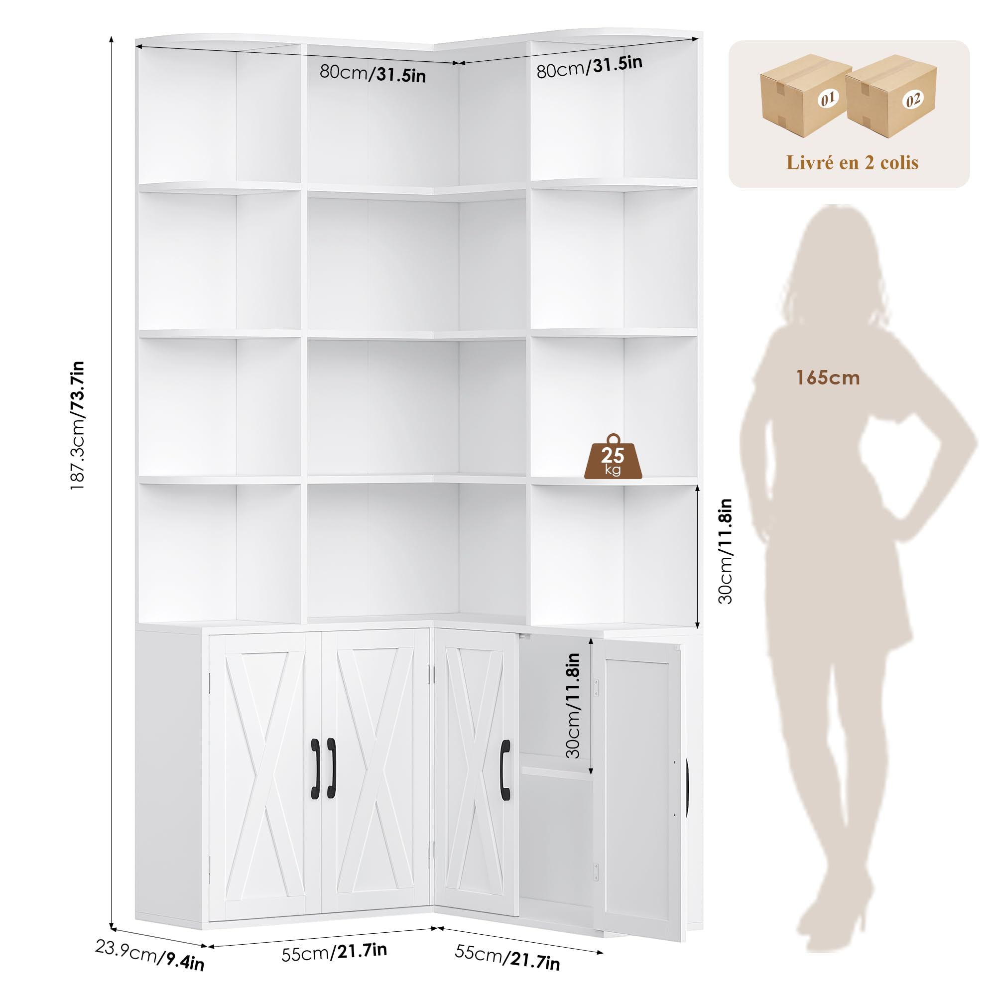 FirFurd Bibliotheque Angle 187cm Bibliothèque Meuble Rangement Blanc