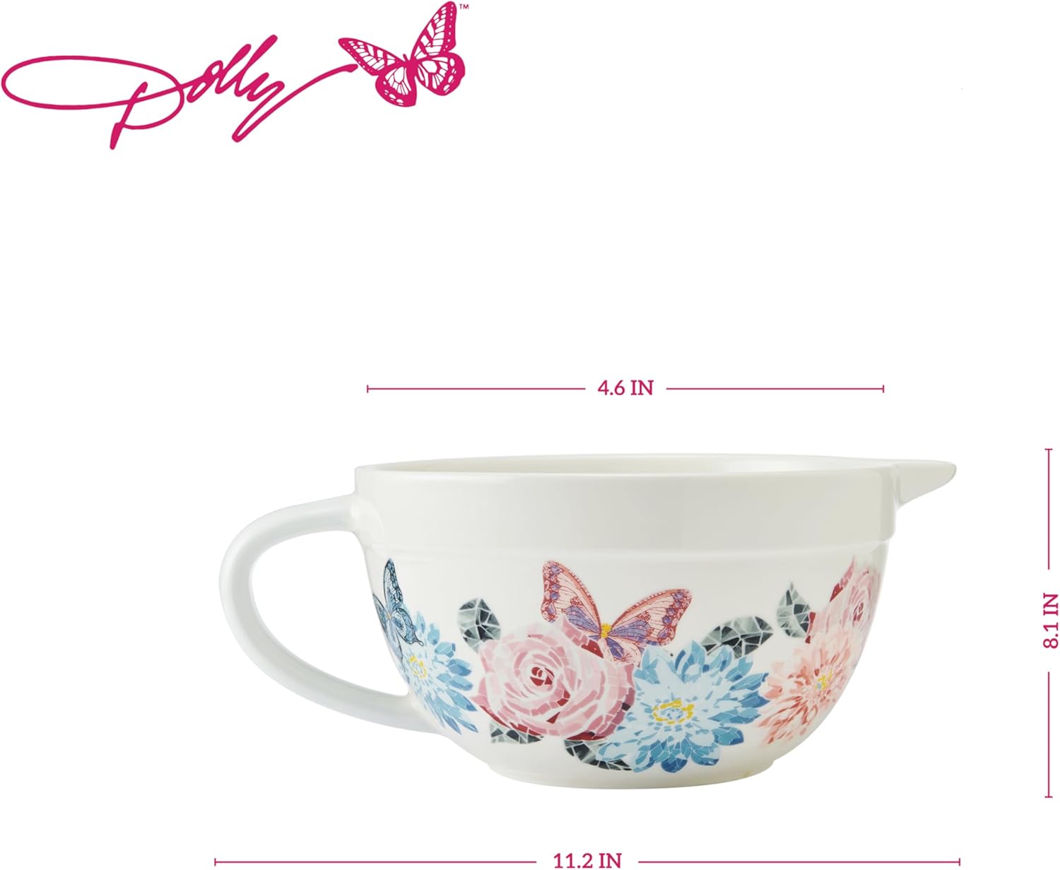 Dolly Parton Ceramic Batter Bowl, Mosaic Design with Inspirational Quote, Capacity, Spout and Handle, Dishwasher Safe, 2.5 Quart