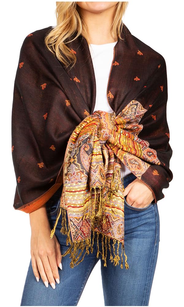 Sakkas Women's 23-D2-Black 18200 - Gianna Silky Soft Reversible Floral Woven Pashmina Scarf Shawl Wrap - Os