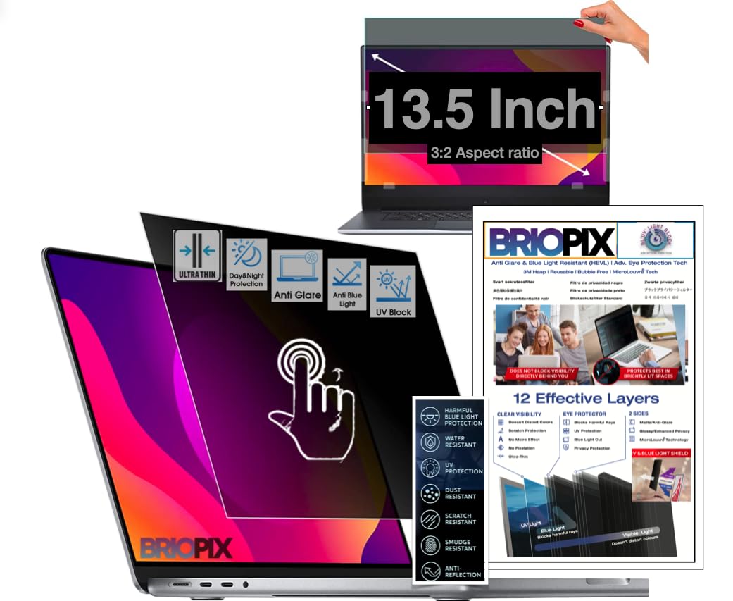 BrioPix 13.5 Inch Laptop Privacy Screen Filter 3M HASP 32 Anti