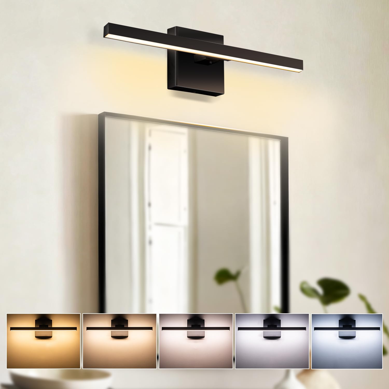 Photo 1 of Aosclex 16 Inch Bathroom Lights Over Mirror, Rotatable, 12W 1080LM 5CCT Adjustable (2700K–6000K), Dimmable LED Bathroom Light Fixtures, IP44 Waterproof Black Modern Vanity Lights, ETL Certificated