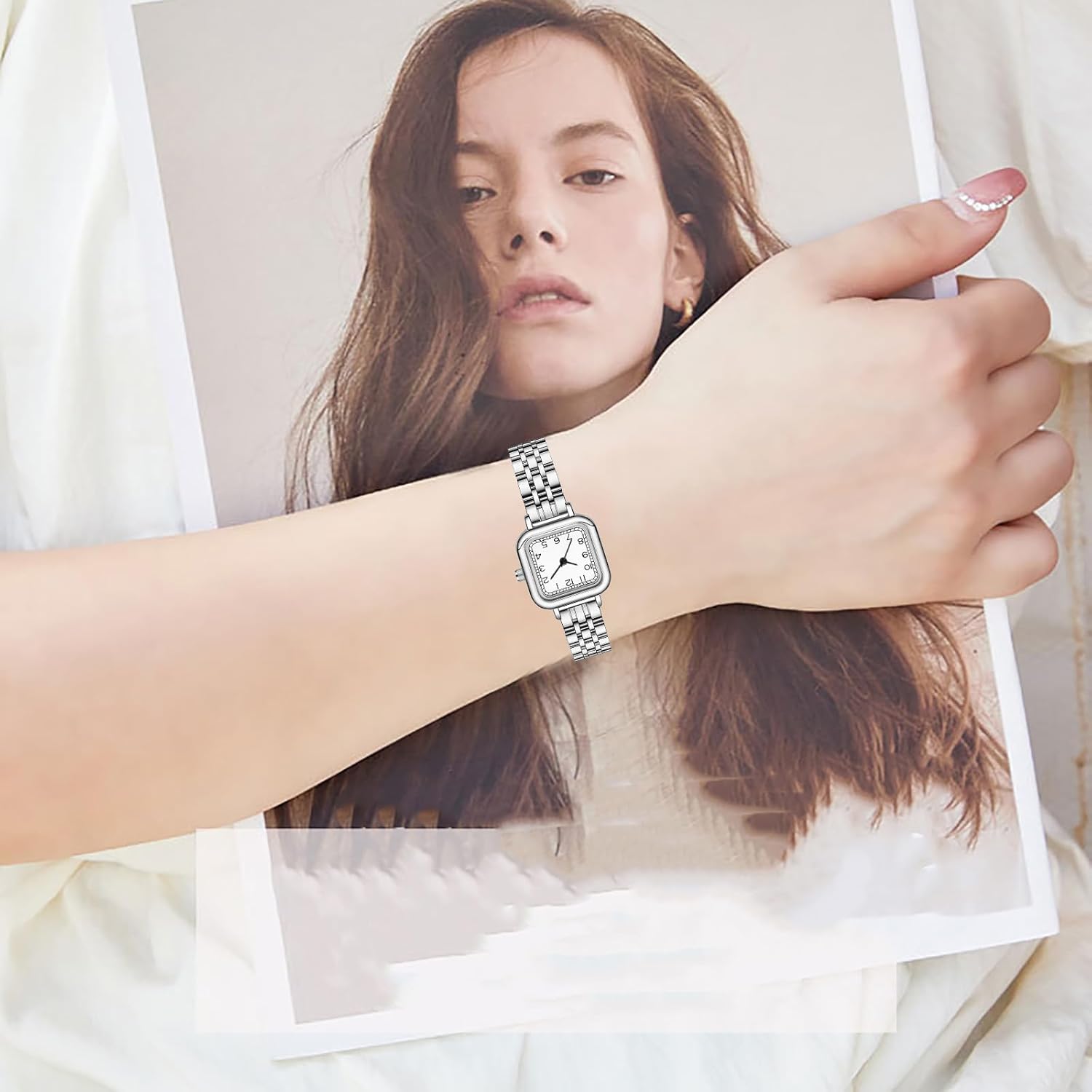 BESTKANG Small Ladies Watch Easy Reader Arabic Numerals Dial Watch with Stainless Steel Band Waterproof Square Analog Quartz Watches for Women