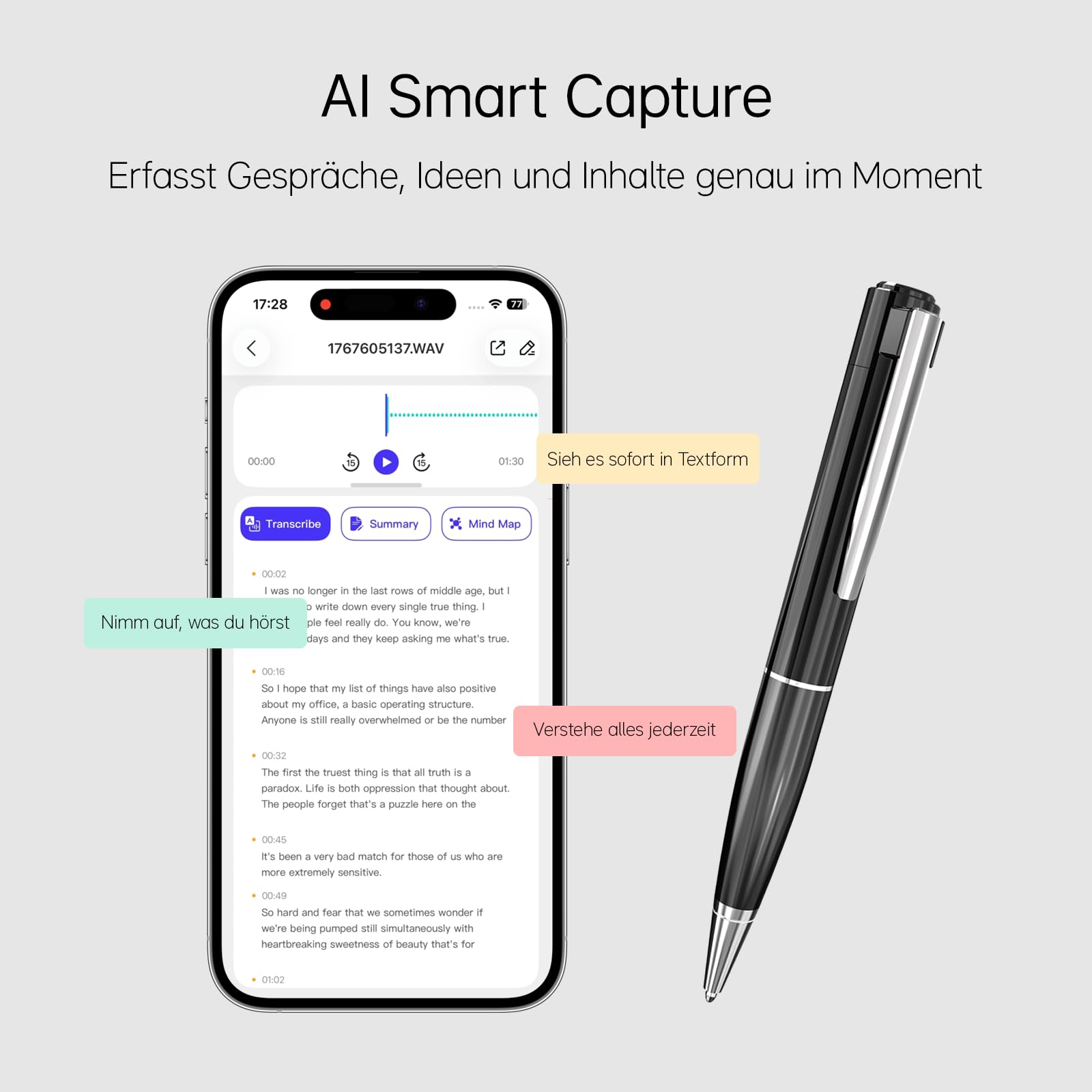 SKARA KI Diktiergerät mit Transkription, Mini Aufnahmegerät mit Spracherkennung & AI Zusammenfassung, Diktiergerät mit Schreibfunktion, 150 Sprachen, KI Notizen & Mind Maps für Studium und Meetings