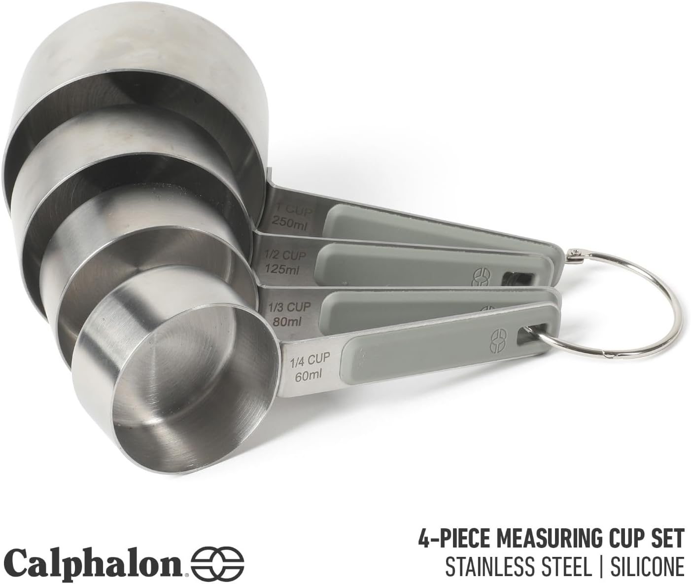 Calphalon Prime Measuring Cups, 4-Piece Stainless Steel Measuring Cup Set with Taupe Silicone Handles, Accurate Kitchen Measuring Tools for Dry & Liquid Ingredients