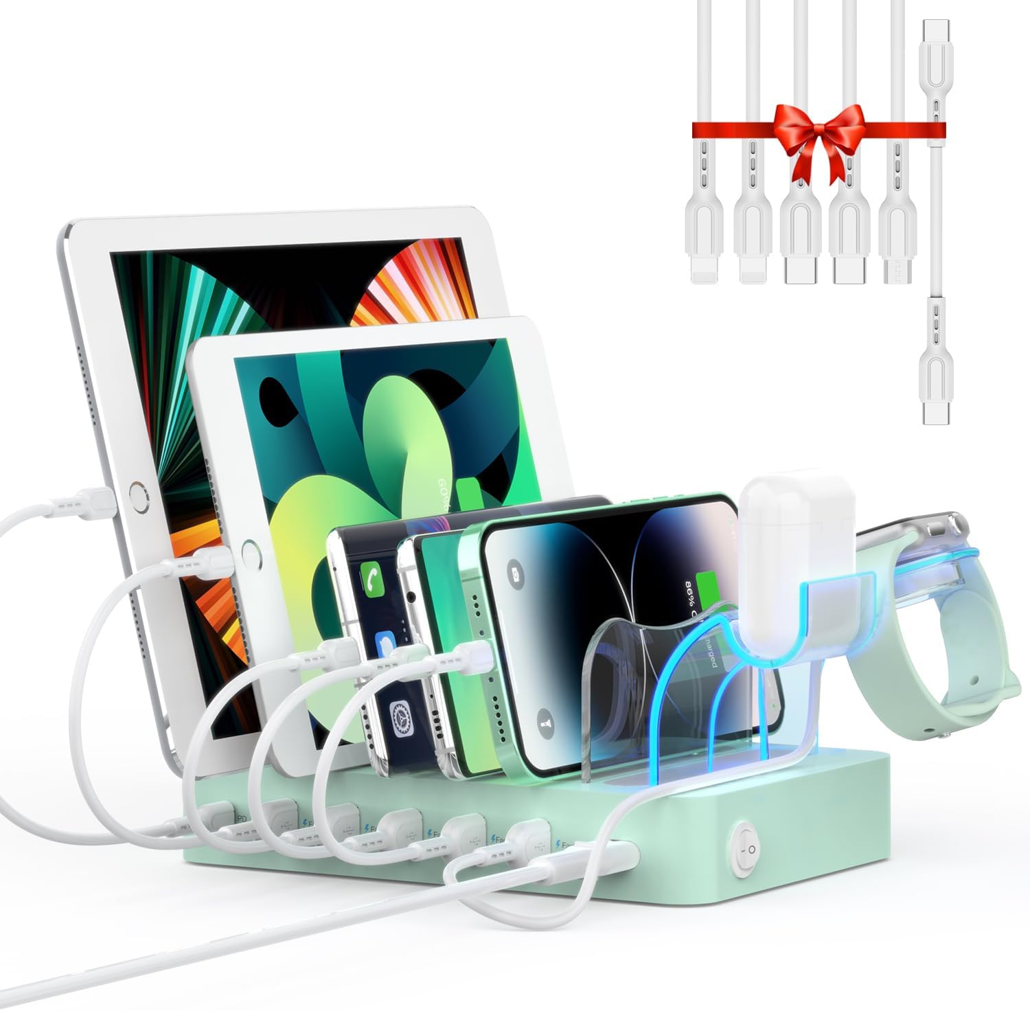 60W/12A 6-Port Charging Station for Multiple Devices, PD 20W USB C Fast Charging for lPhone 14/13/12,6 Short Cables Included, 2 in 1 Holder,for Phones,Tablets and Others