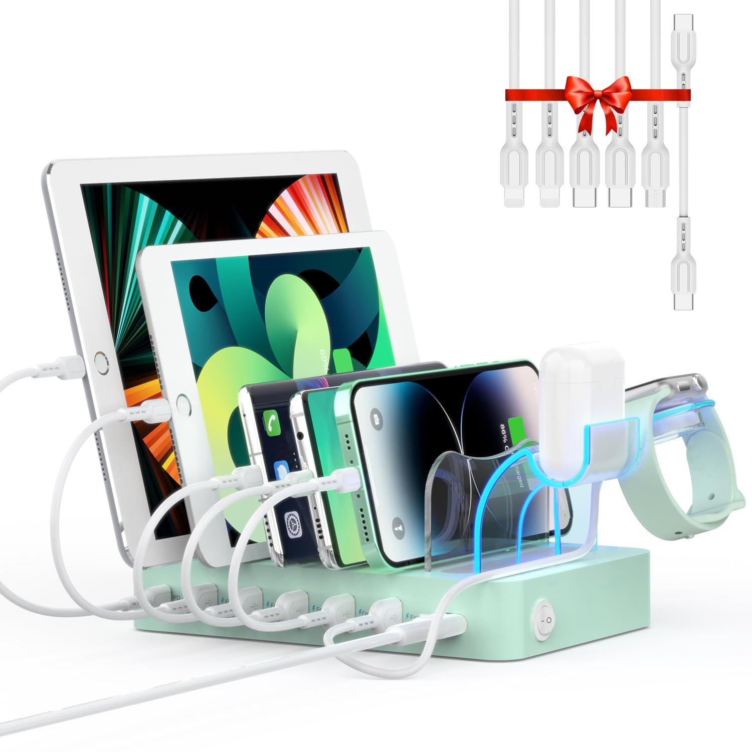 SooPii 60W/12A 6-Port Charging Station for Multiple Devices, PD 20W USB C Fast Charging for lPhone 14/13/12,6 Short Cables Included, 2 in 1 Holder,for Phones,Tablets and Others