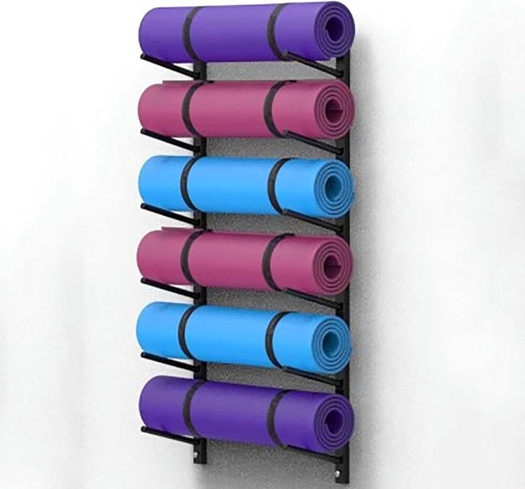 Support mural tapis de yoga en métal noir avec 8 niveaux de rangement