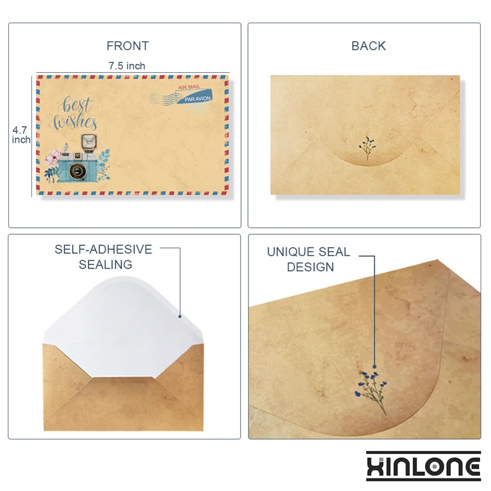 Papel de papelería vintage rayado, 18 x 26 cm, juego de papel y sobres, 48 hojas + 24 sobres, juego de papelería para escribir cartas para todas las ocasiones