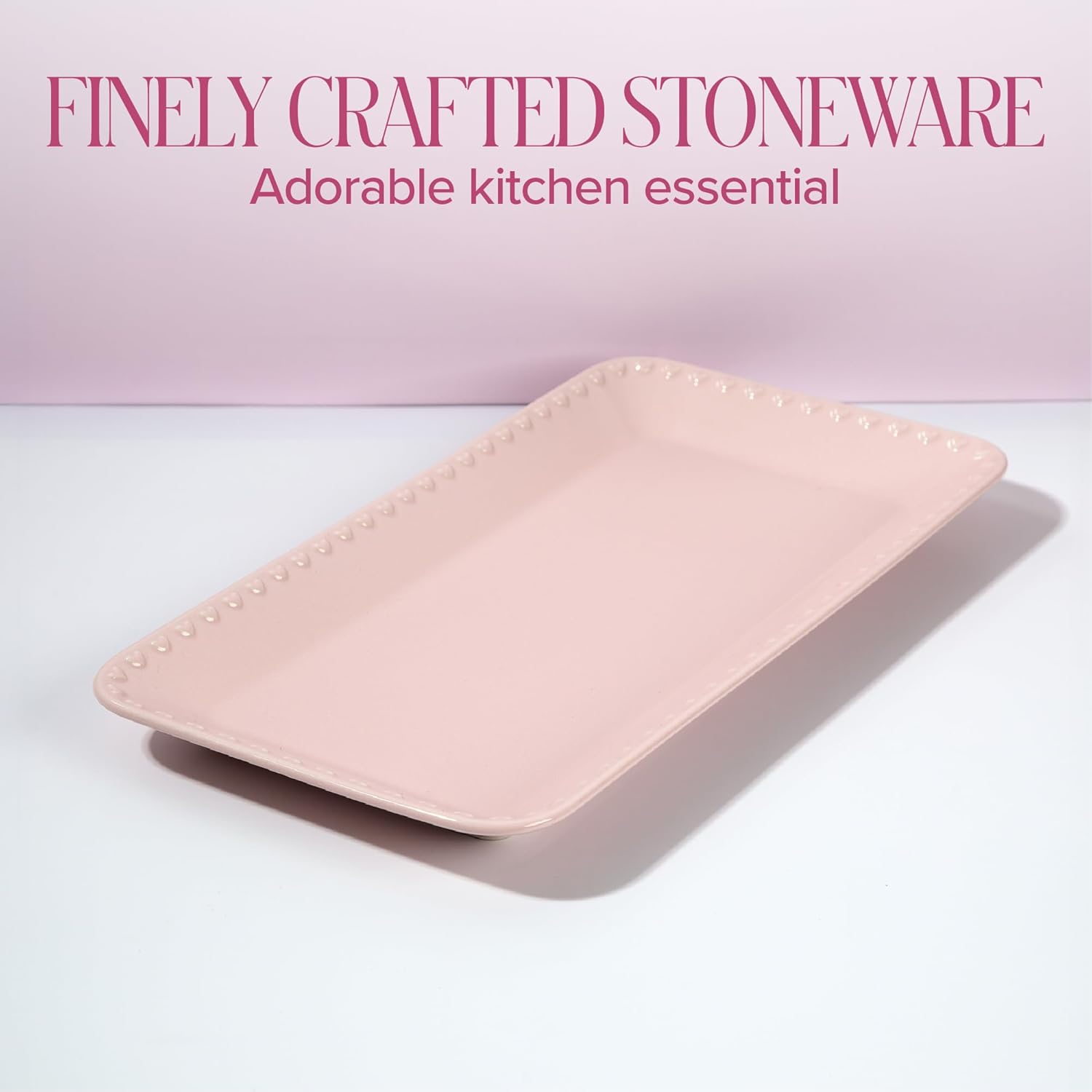 Paris Hilton Rectangle Ceramic Stoneware Serving Platter Tray, Embossed Hearts, Microwave Safe, 15x8-Inch, Pink