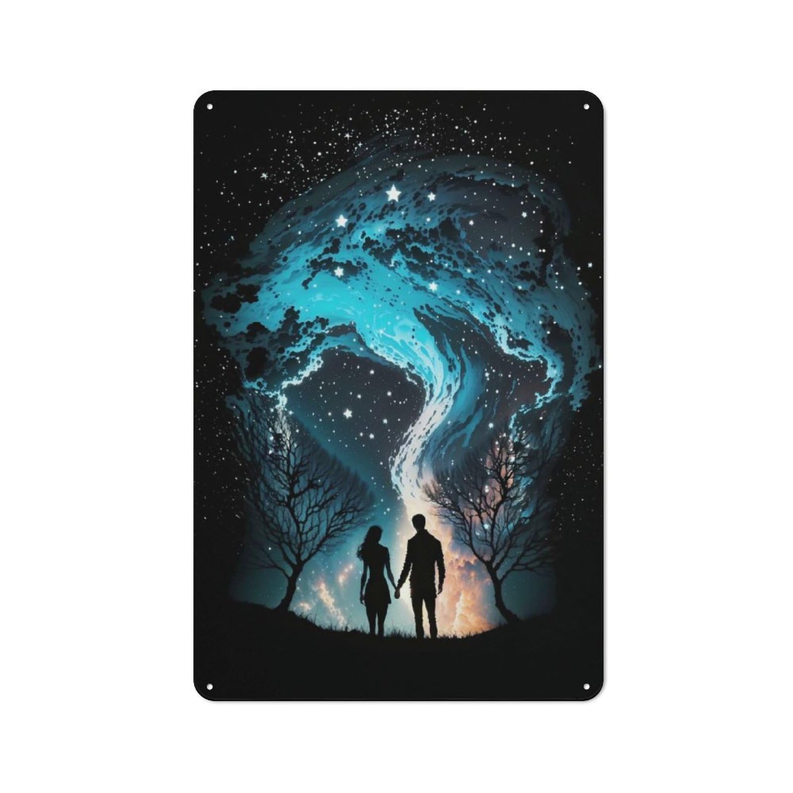 Junmoney Style-16 Decorative Metal Plaque With Starry Night Couple Design 30X20cm, Casual Utility Space Decor For Patio Bar, Workshop, Shed Or Kitchen