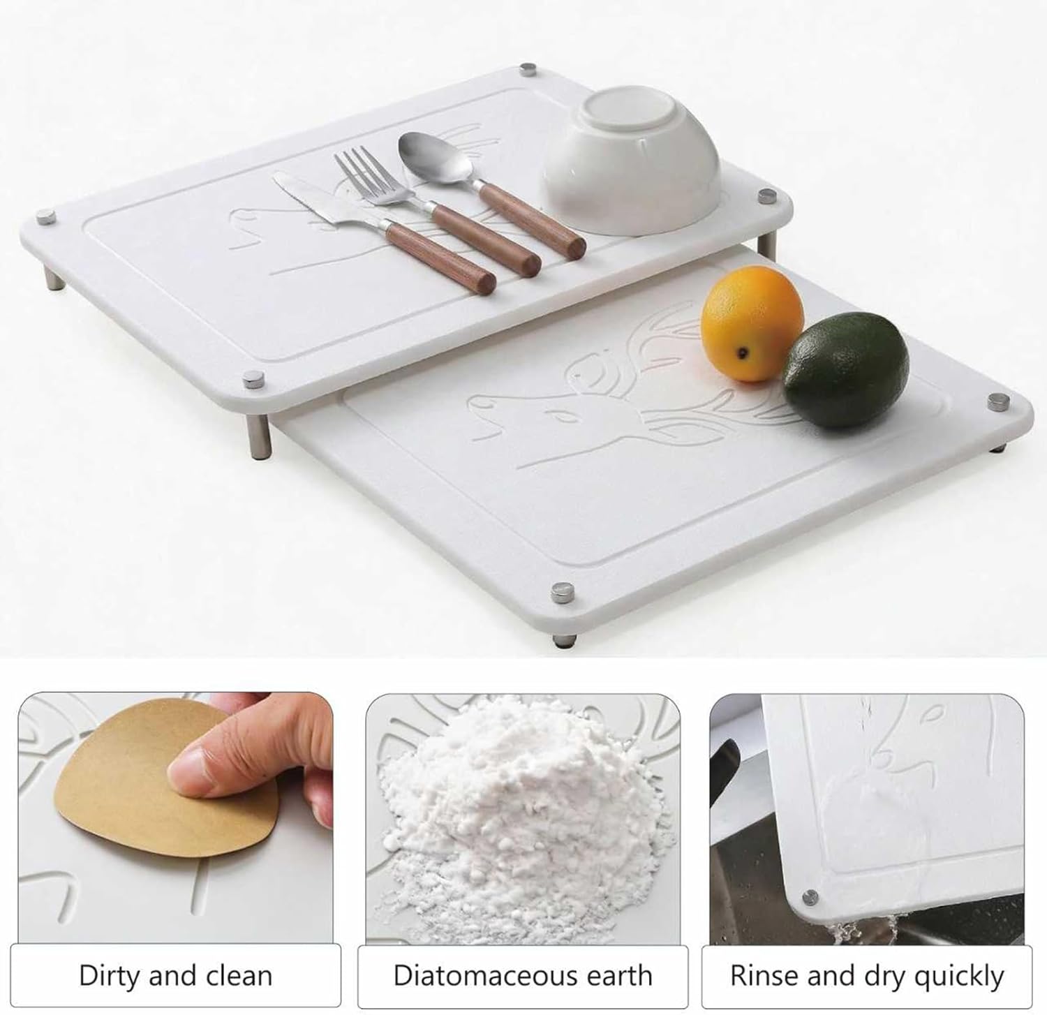 2pcs Stone Drying Mat for Kitchen Counter, Quick Drying Matt Kitchen Counter, Dish Dryer Mat, Diatomaceous Earth Dish Drying Mat with Non-Slip Feet (White A)