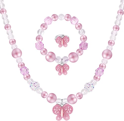 Miniatura 2 de Annilubaby Juego de joyas de mariposa, joyería para niños para niñas, incluye collar, pulsera, anillo elástico, joyería de juego para niños