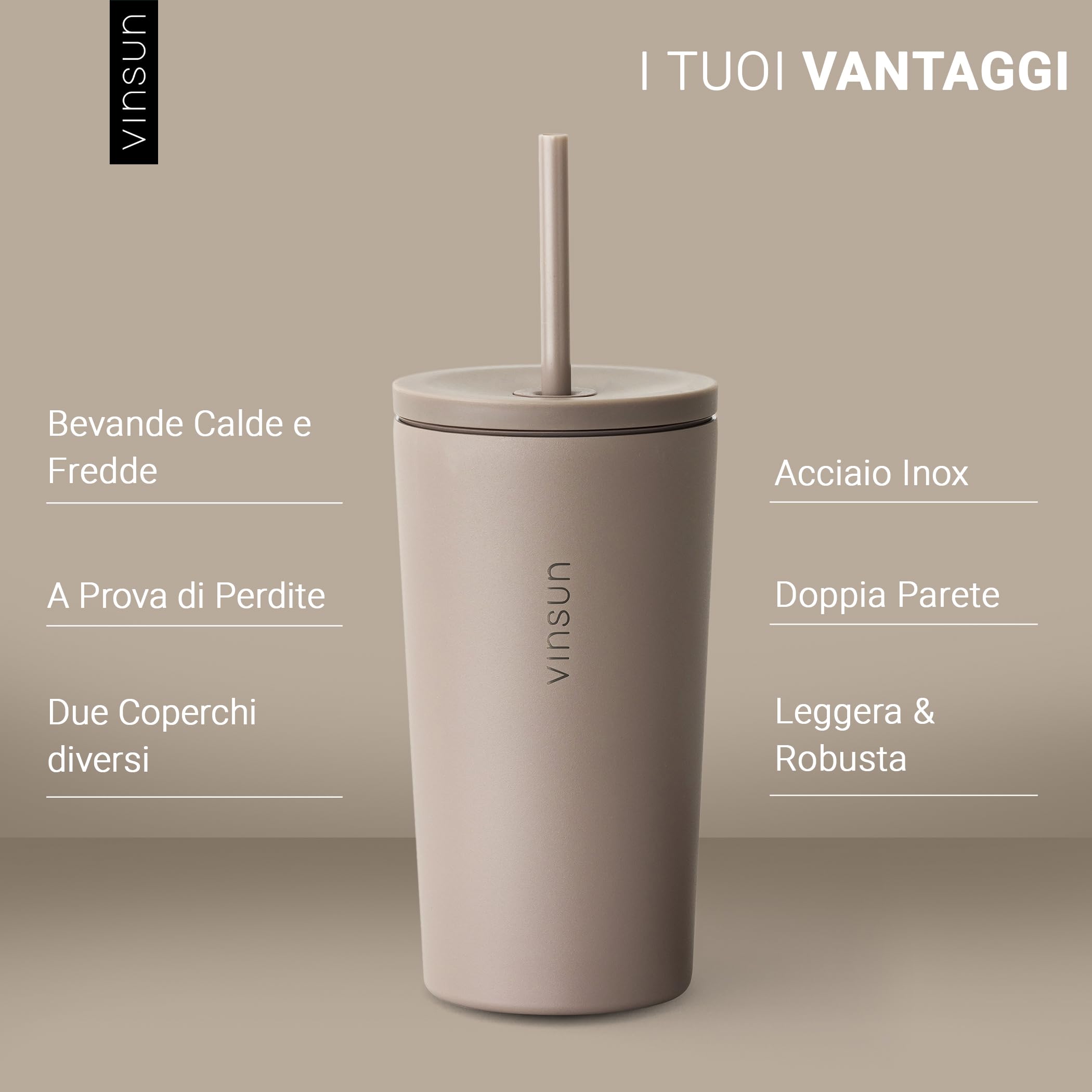 VINSUN Tazza Termica con Cannuccia 480ml - Acciaio Inox, Prova di Perdite, Isolamento a Doppia Parete, Leggera - Termos Caffè Due Coperchi per Viaggio