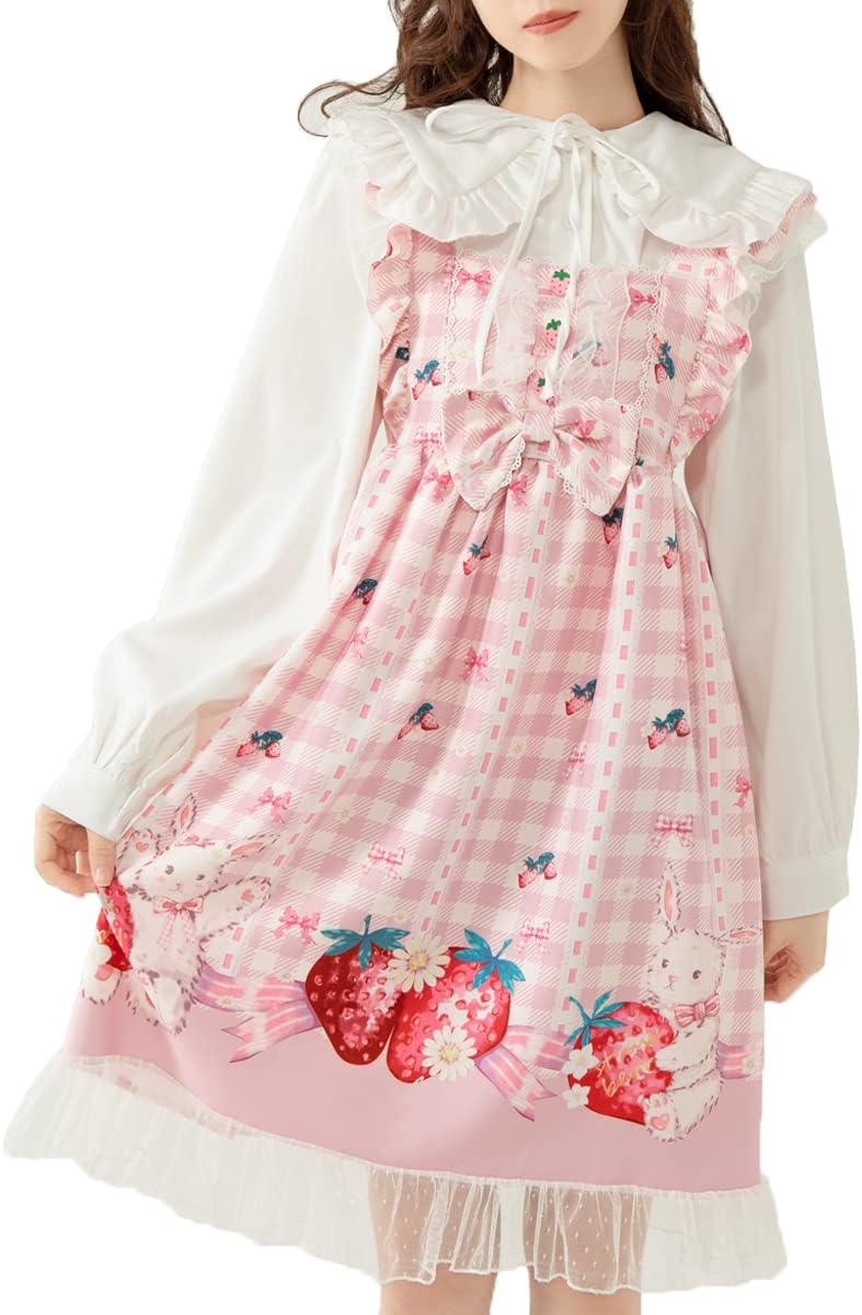 Sweet Teens Japanese Style Lolita Dress Cute Bunny Strawberry Print High Waist Plaid Dresses