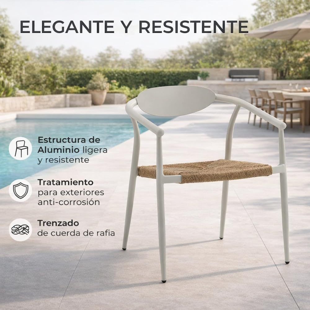 LOLAhome Pack de 2 sillas Contract de jardín Vania de Aluminio Blanco, apilables, Asiento de Cuerda de Rafia, Elegantes, para Comedor, Tratamiento Exterior, Resistentes UV y Humedad