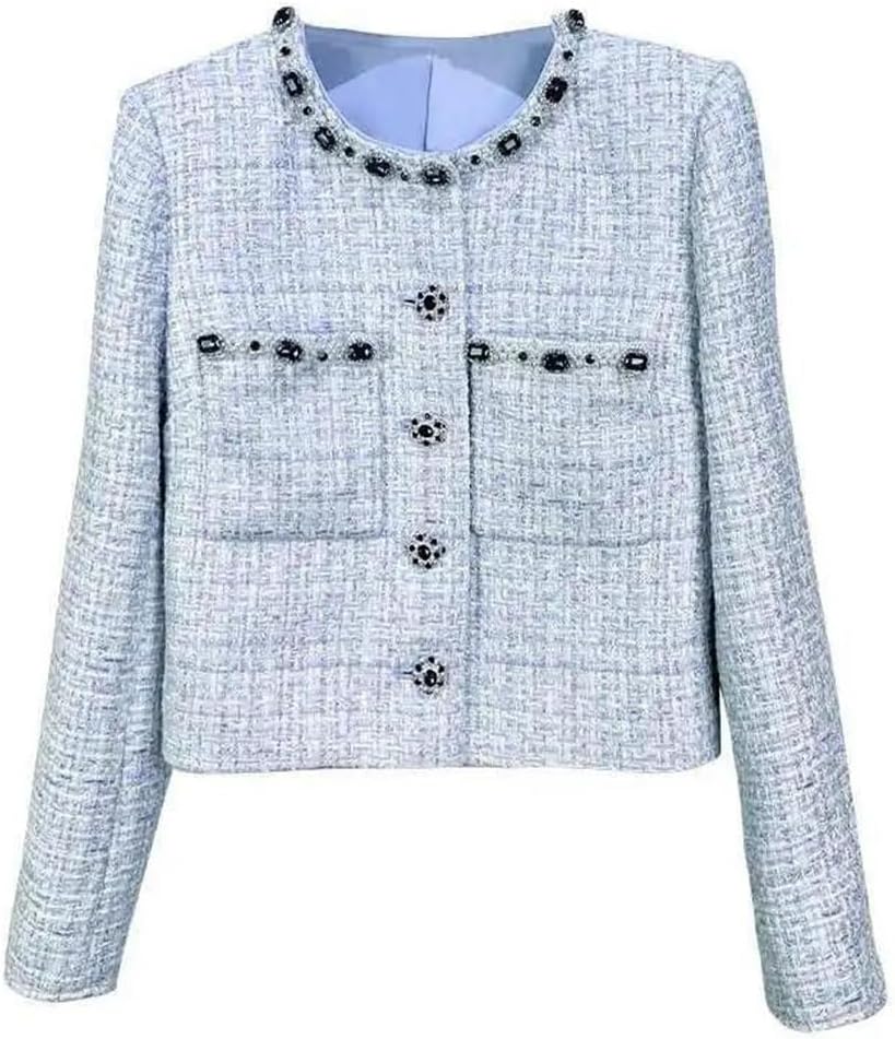 Women's Luxury Crystal Tweed 2 Piece Set Elegant Jacket with Coat and A-Line Skirt Office Lady Retro Outfit