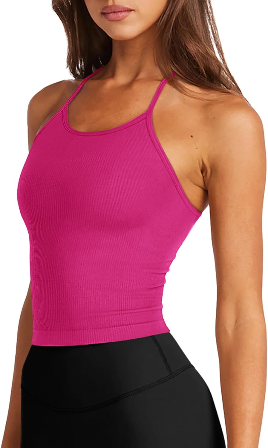 LASLULU Womens Sports Bra Seamless Long Crop Tank Racer Back Spaghetti Strap Workout Yoga Bra Padded Halter Neck Casual Tops - Image 2