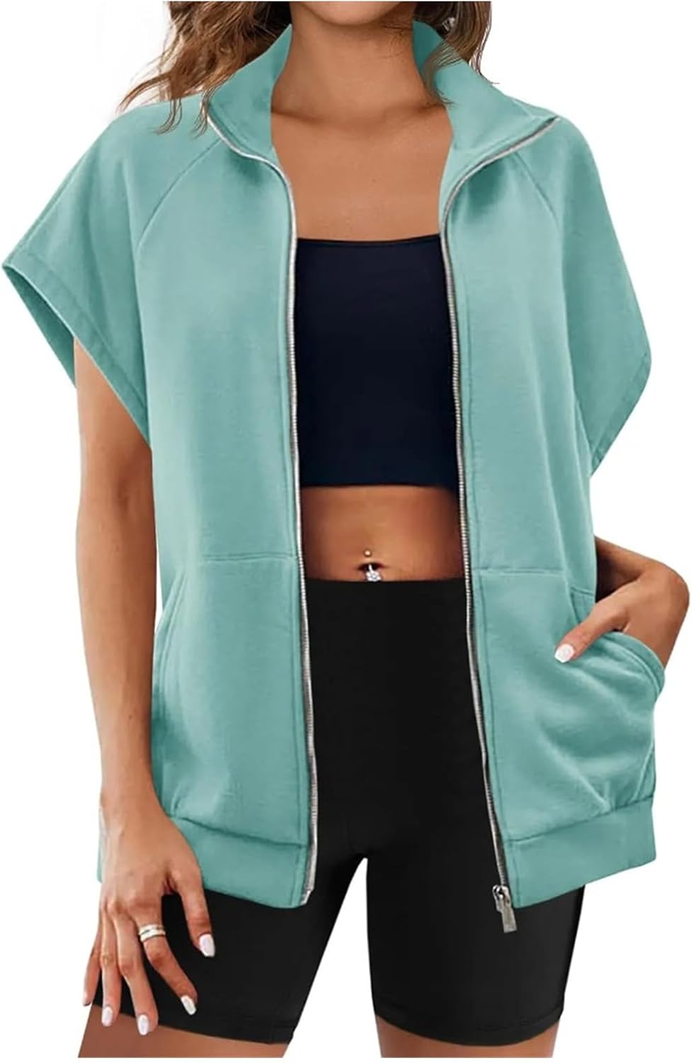 Vest for Women Short Sleeves Full Zip Up Lightweight Sweatshirt Summer Casual Jackets Outerwear Vests Tops with Pockets