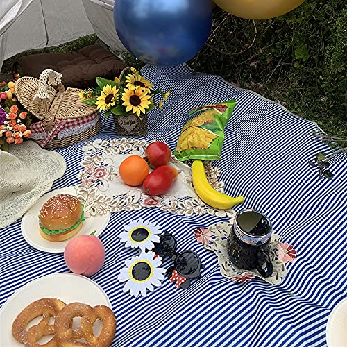 Huiduo Extra Large Picnic Blanket Camping Blanket Picnic Mat Outdoor Blanket With Waterproof Great For Beach Outdoor Camping Picnic 79 X 79 Inches White Coffee Green (Dark-Blue-Stripe, 79X79 Inches) #TOP2