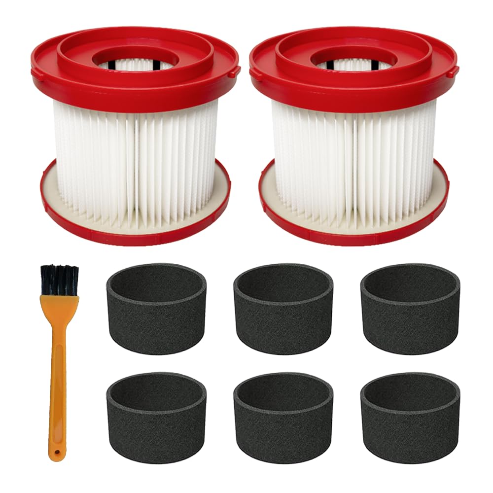 2 Pack 49-90-1900 Replacement HEPA Filter Compatible with Milwaukee Cordless M18 Vacuum 0780-20 0880-20, with 6 Foam Sleeve Filters 1 Brush