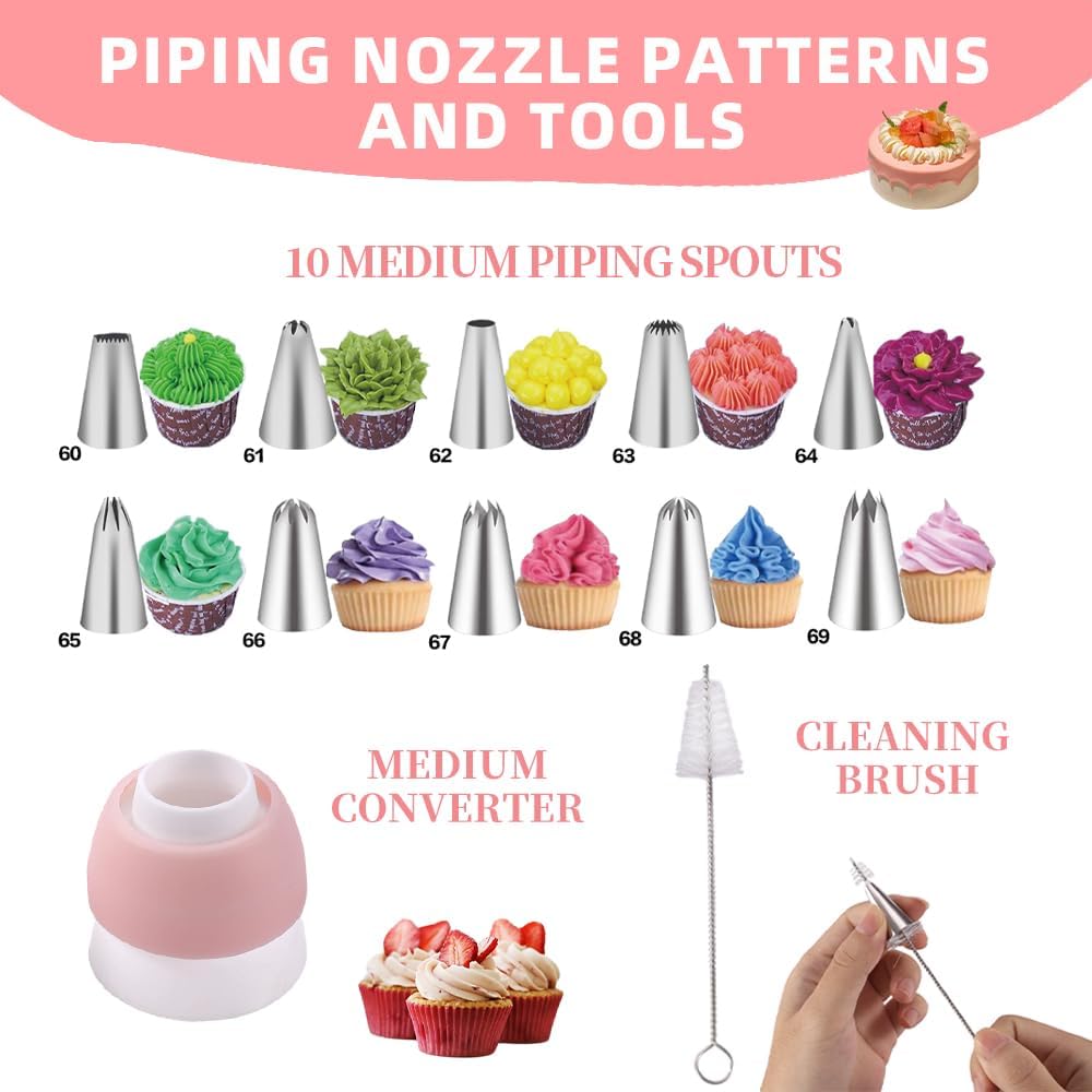 Pink Cake Decorating Supplies, spring baking kit pastel pink cake turntable kit with 10 Piping Tips, 50 Piping Bags, 2 Spatulas,3 Icing Scrapers,Pink baking supplies for girly cake decorating