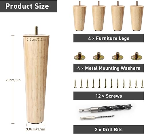 Miniatura 2 de Juego de 4 patas de madera para muebles de 8 pulgadas, patas oblicuas para mesa de café, patas de sofá resistentes y resistentes, patas de