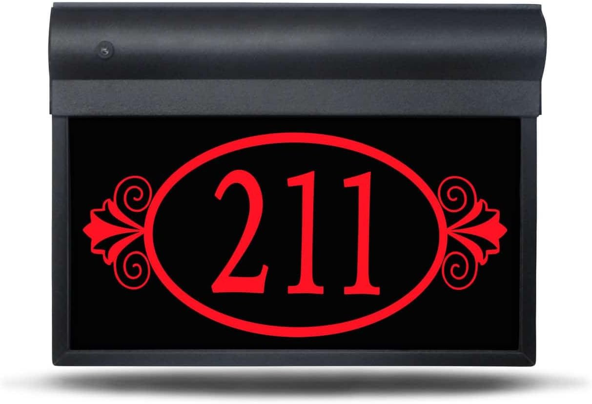 Personalized and Customized Illuminated LED Address Sign, Ornamental Style, 14 Inch, Bright Red