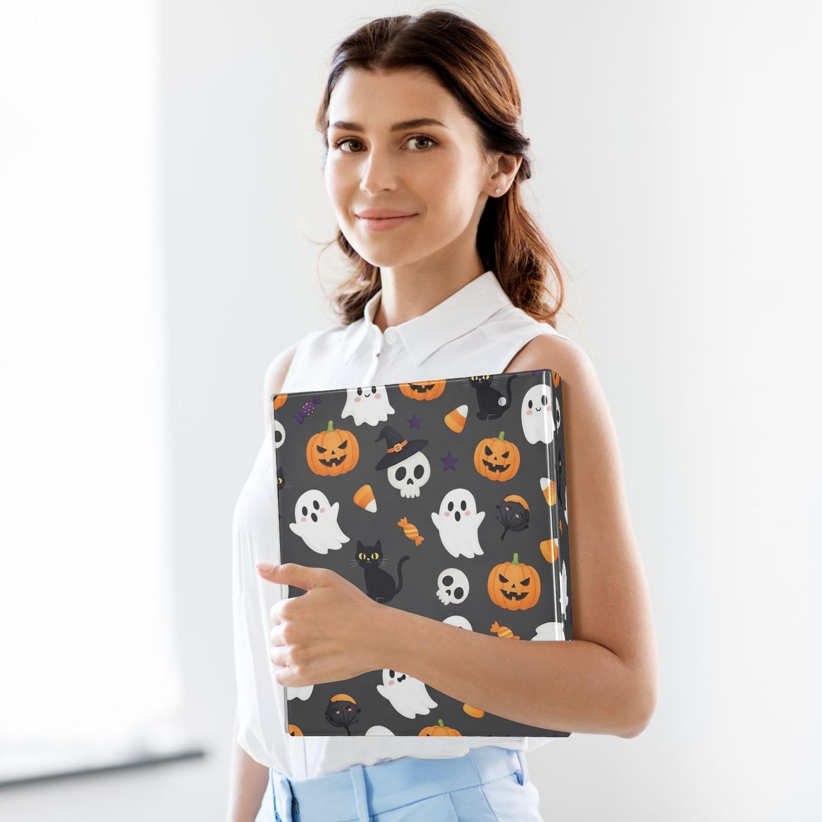 Confezione da 2 raccoglitori ad anelli con stampa di fantasmi di Halloween, con tasche, grandi, per scuola, università, ufficio