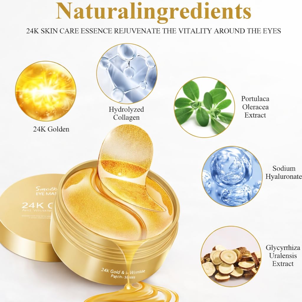 Under Eye Patches 60 Pcs 24K Gold Eyes Mask Puffy Eye & Dark Circles Treatments,Reduce Under Eye Bags and Smooth Wrinkles, Skin Care Pads | Hydrogel Patch Mask Eyes Treatment for Dryness Relief 2