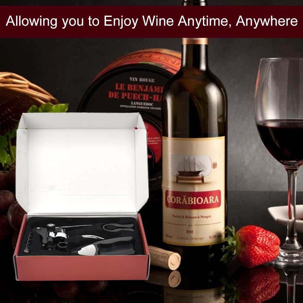 Apribottiglie per Vino Manuale,Cavatappi Manuale a Leva 4 In 1 Set,Cavatappi Professionale,Apribottiglie Manuale Strumento di Apertura Rapida del Vino per Versatore di Vino