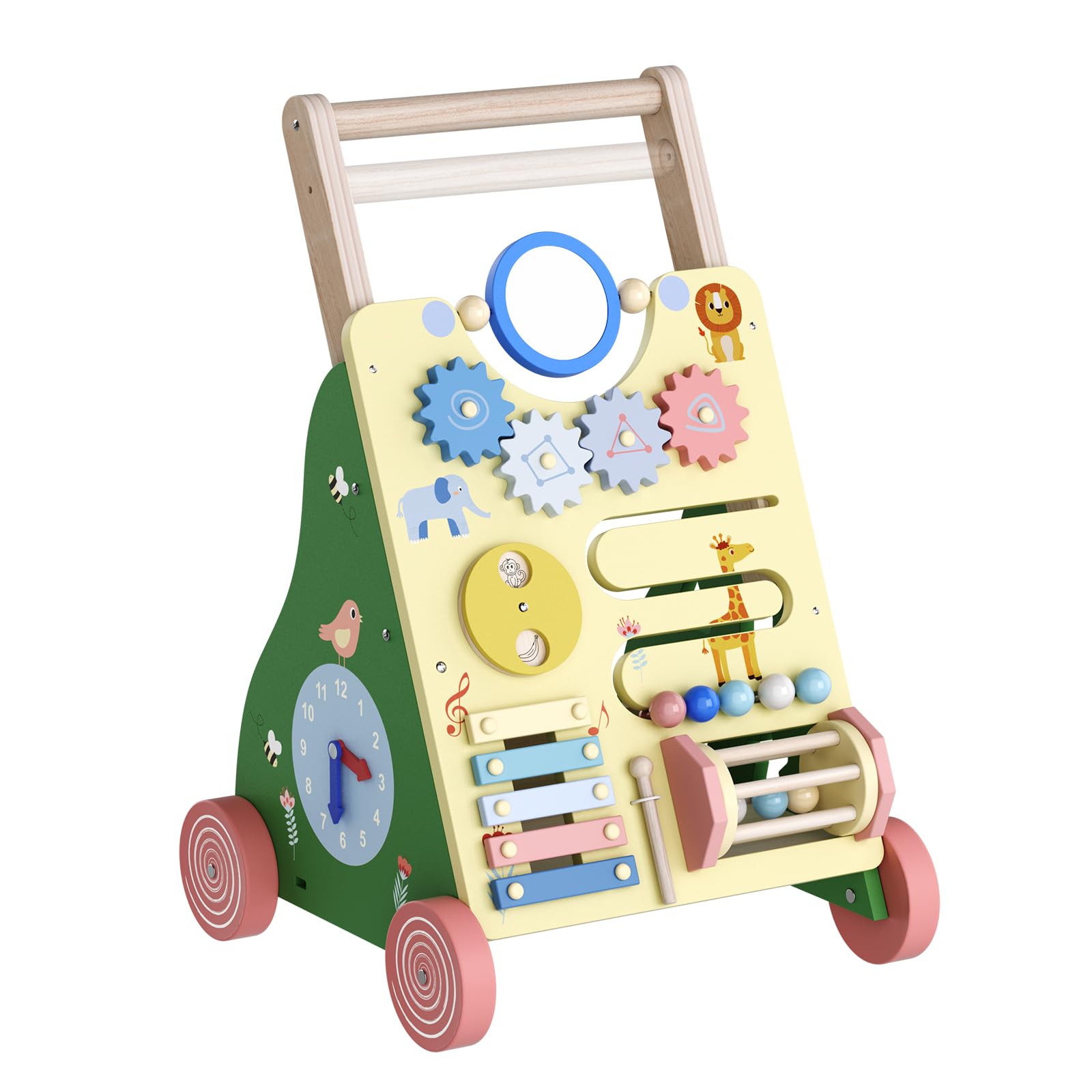 Holz-Lauflernhilfe mit 10-in-1 Motorikspielcenter, höhenverstellbarer Schiebegriff, Formsortierer, Xylophon, Rolltrommel und Staufach – Lauflernwagen aus holz für Jungen und Mädchen - 2