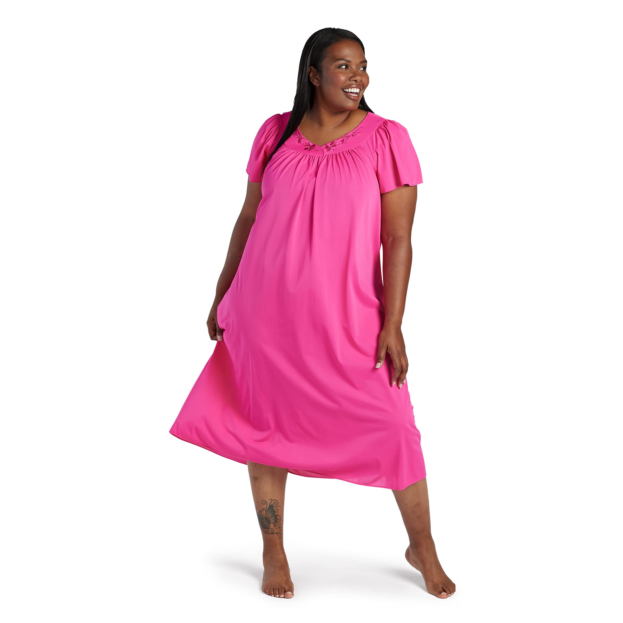Miss Elaine Women's Long Tricot Nightgown, Short Flutter Sleeves, Comfortable Lightweight Fabric, Sleepwear