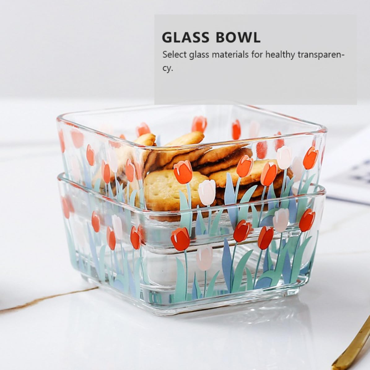 4 Piezas Cuenco de Vidrio Cuadrado Estilo Tulipán, Tazón de Postre Transparente para Snacks y Ensalada, Diseño Chic, Uso en Cocina y Restaurante