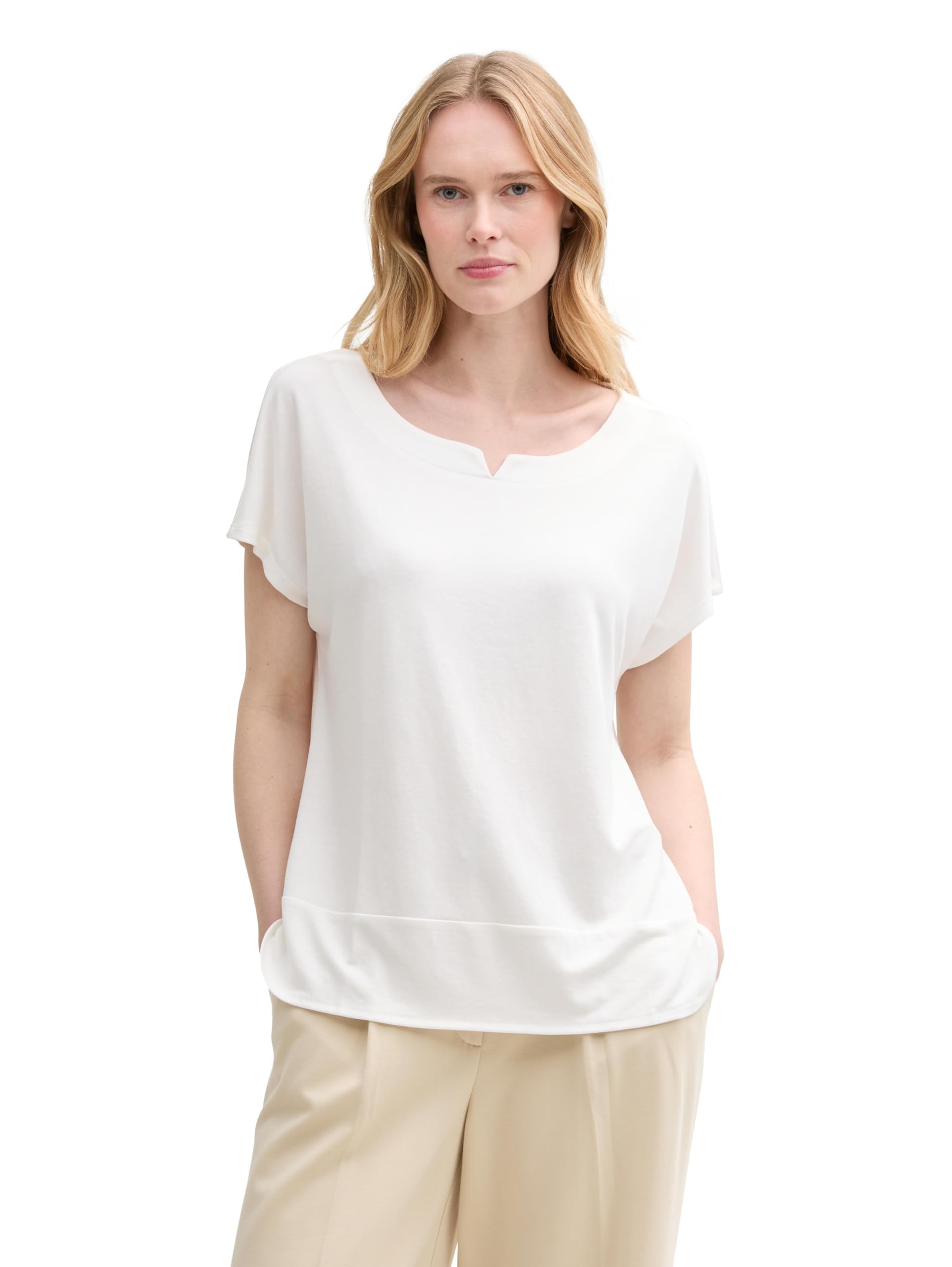 Tom Tailor Damen Basic T-Shirt mit weitem Rundhalsausschnitt