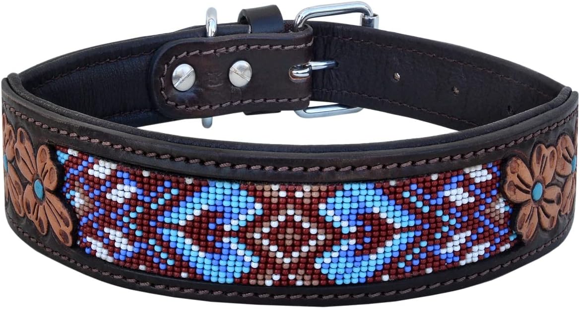 Leather Dog Collar Small Size Western Style Heavy Duty Hand Tooled Adjustable Beaded and Padded Soft for Puppies and Big Dogs 10AB032 -S