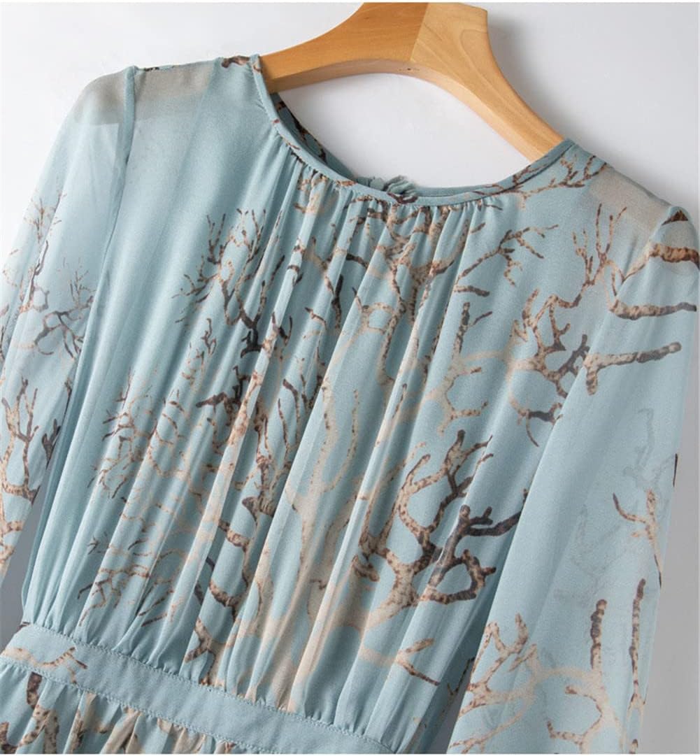 [Youllyuu] 100% マルベリー シルク ドレス女性クルーネック花柄プリント フルスリーブ ビッグ スイング ミディ ドレ