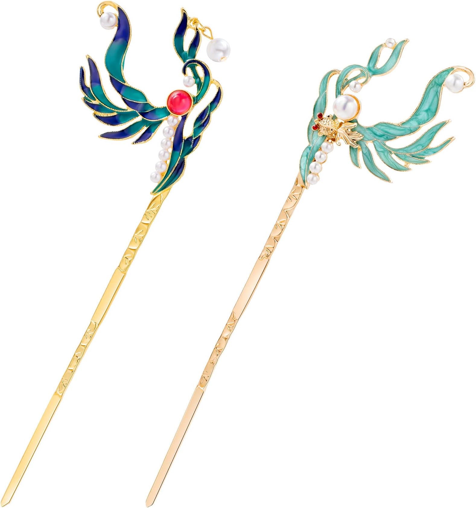 OIIKI2PCS Chinese Vintage Pearl Rhinestones Hair Sticks, Traditional Aesthetics Hairpin, Hair Jewelry Accessories for Hanfu Cheongsam Chinese Wedding Bridal Headdress Cosplay Daily Hair Decor -Blue